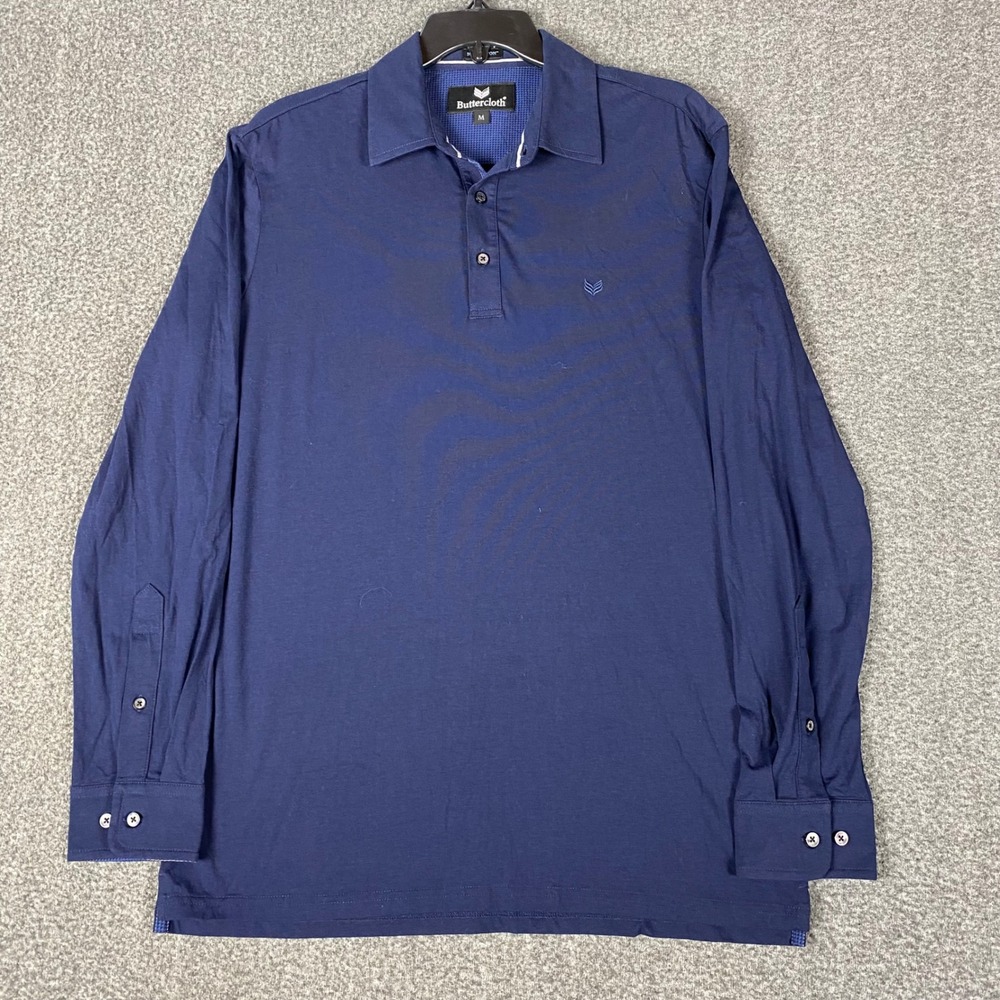 Buttercloth Mens‎ Polo Shirt M Navy Blue Icy Cotton Long Sleeve Mint Fiber